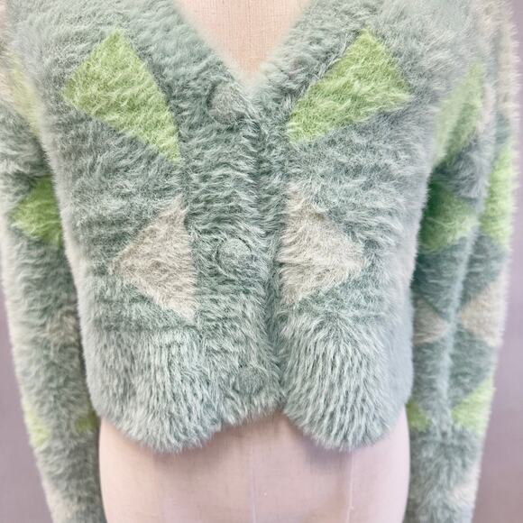 Cotton On argyle fluffy eyelash knit polo cropped cardigan in green Size Small - Picture 6 of 15